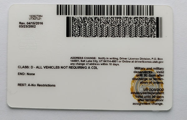 Utah Fake id front side